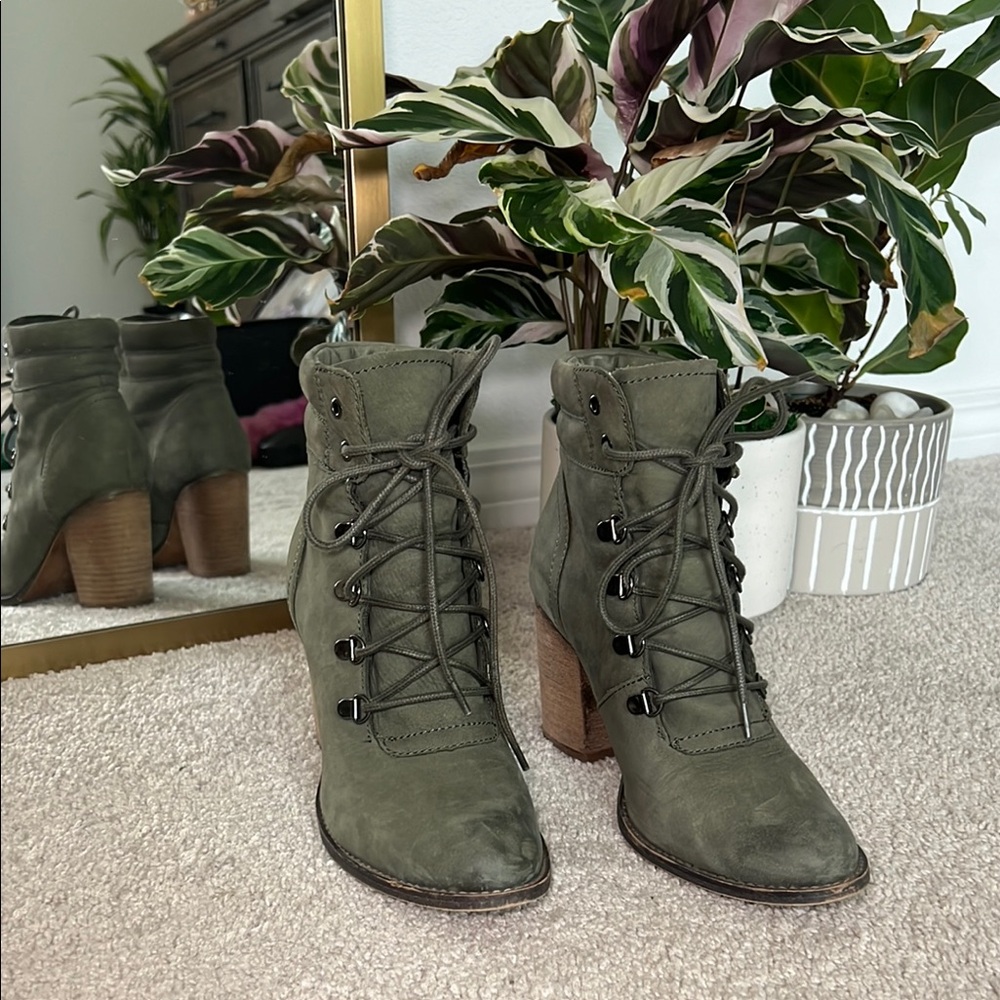 Steve Madden LooLaa Lace-Up Olive Green Suede Block Heel Ankle Booties
